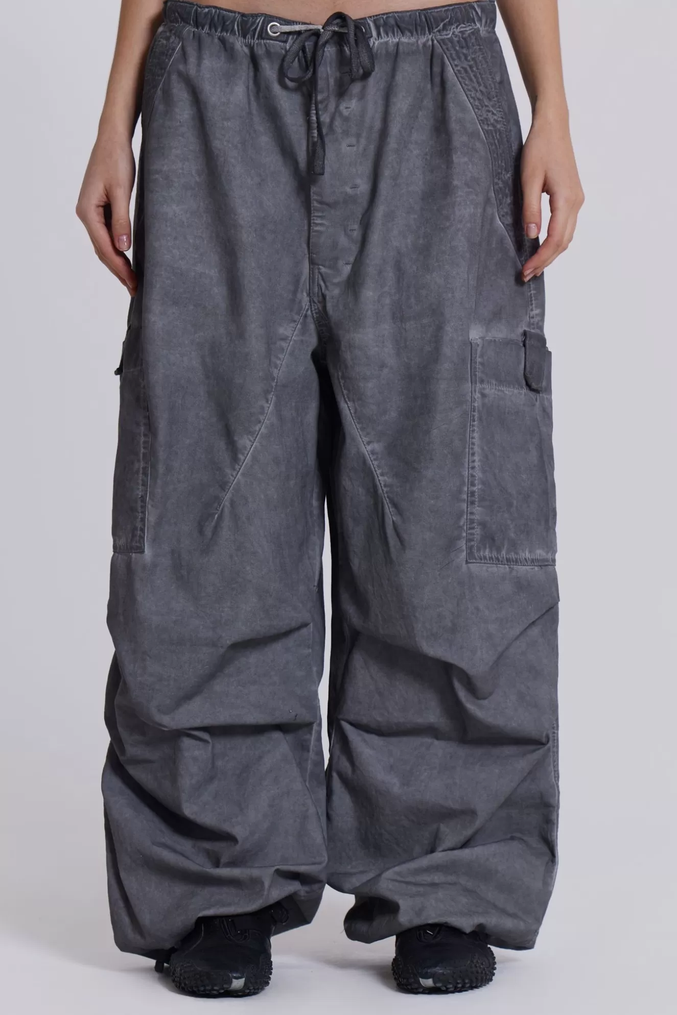 Discount Black Oil Wash Parachute Pants Women Trousers & Pants