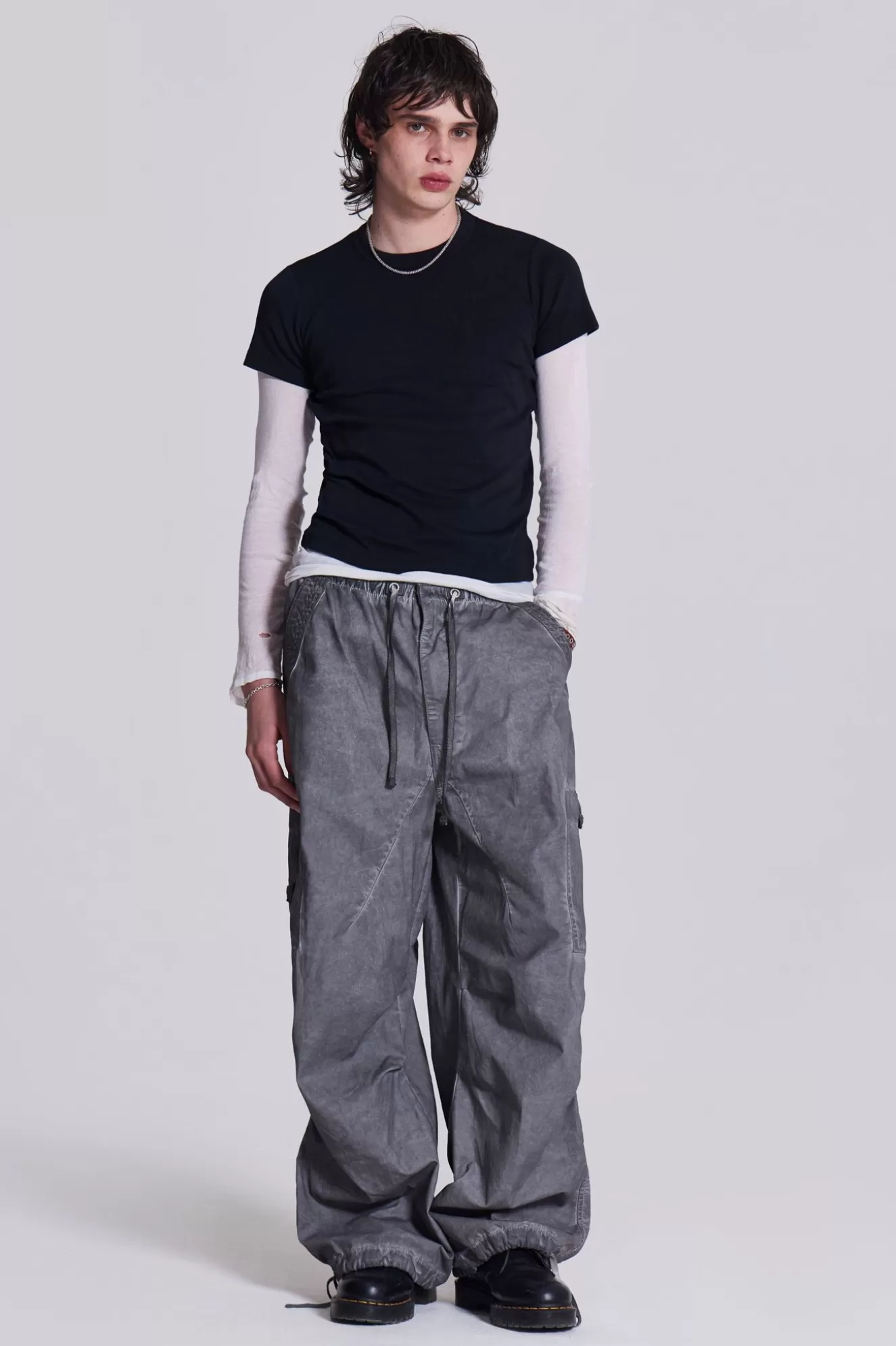 Cheap Black Oil Wash Parachute Pants Men Parachute Pants