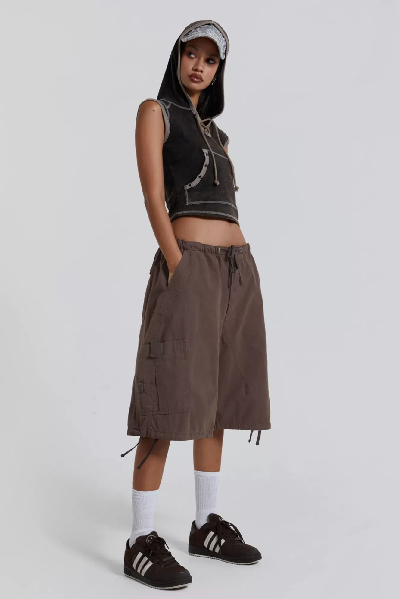 Hot Brown Parachute Cargo Shorts Women Parachute Pants