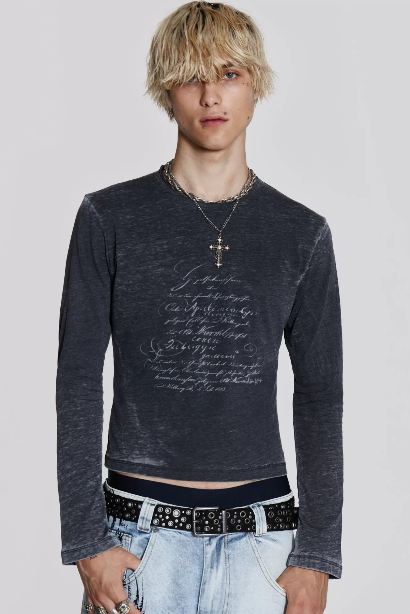 Clearance Burnout Script Long Sleeve Tee Men T-Shirts