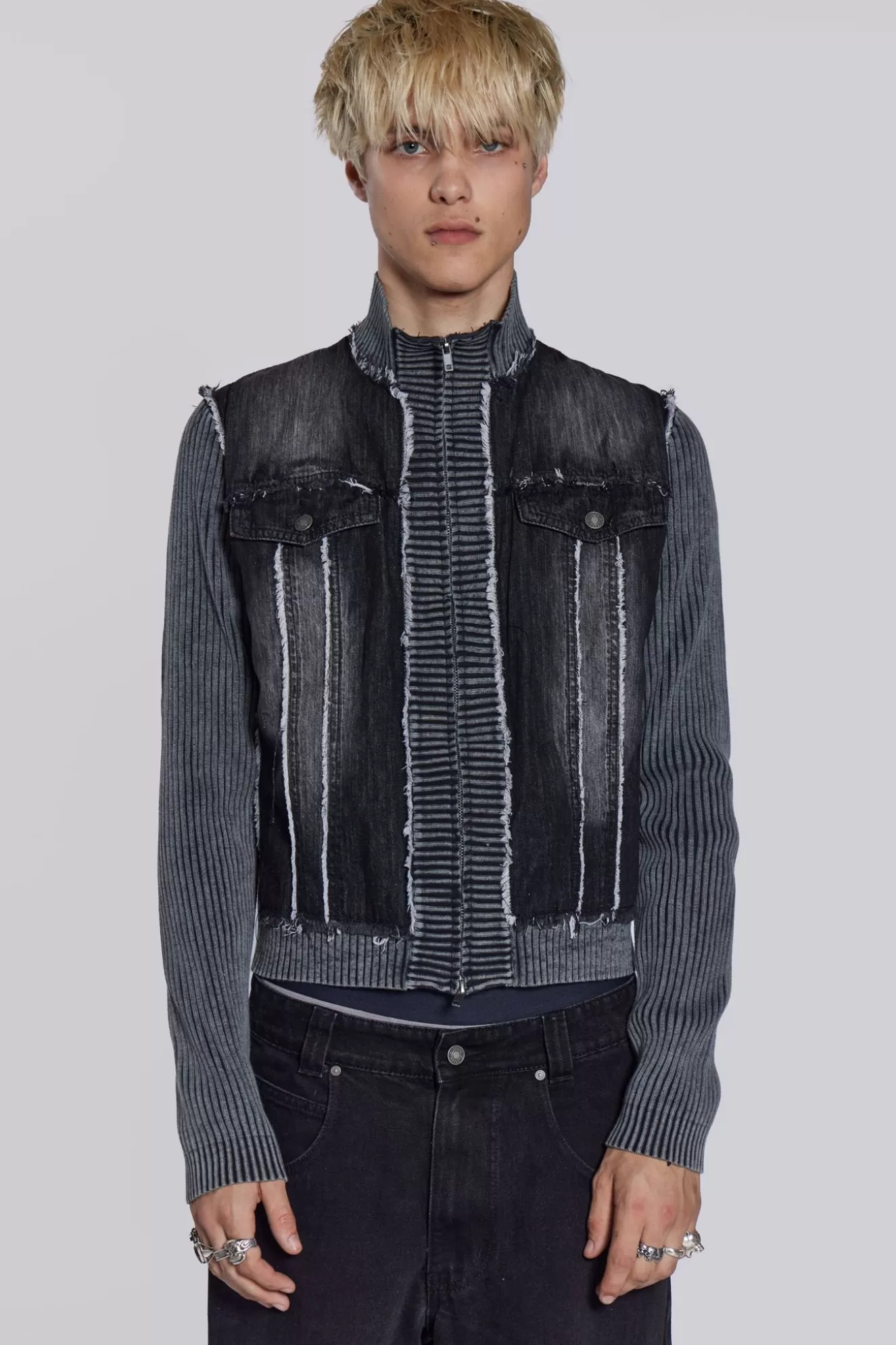 Fashion Cage Denim Knit Track Top Men Outerwear