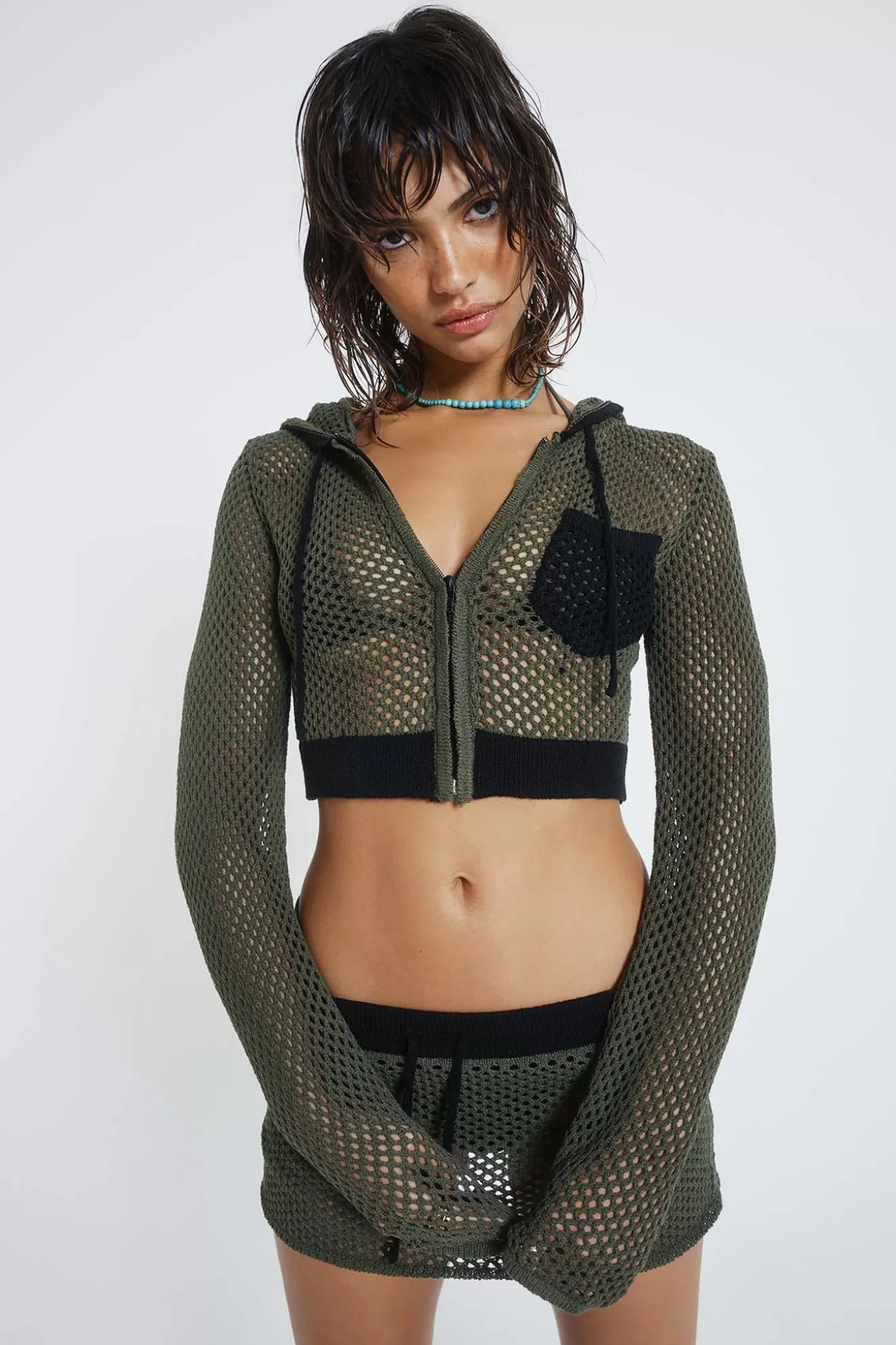 New Caldera Khaki Crochet Hoodie Women Co-Ords