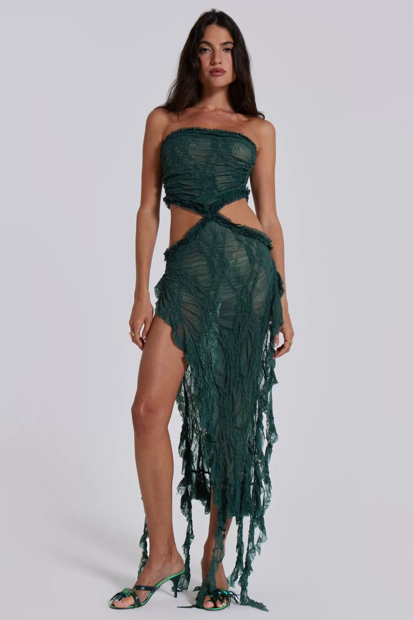 Cheap Gaia Scrunch Lace Midi Dress In Forest Green Women Midi Dresses