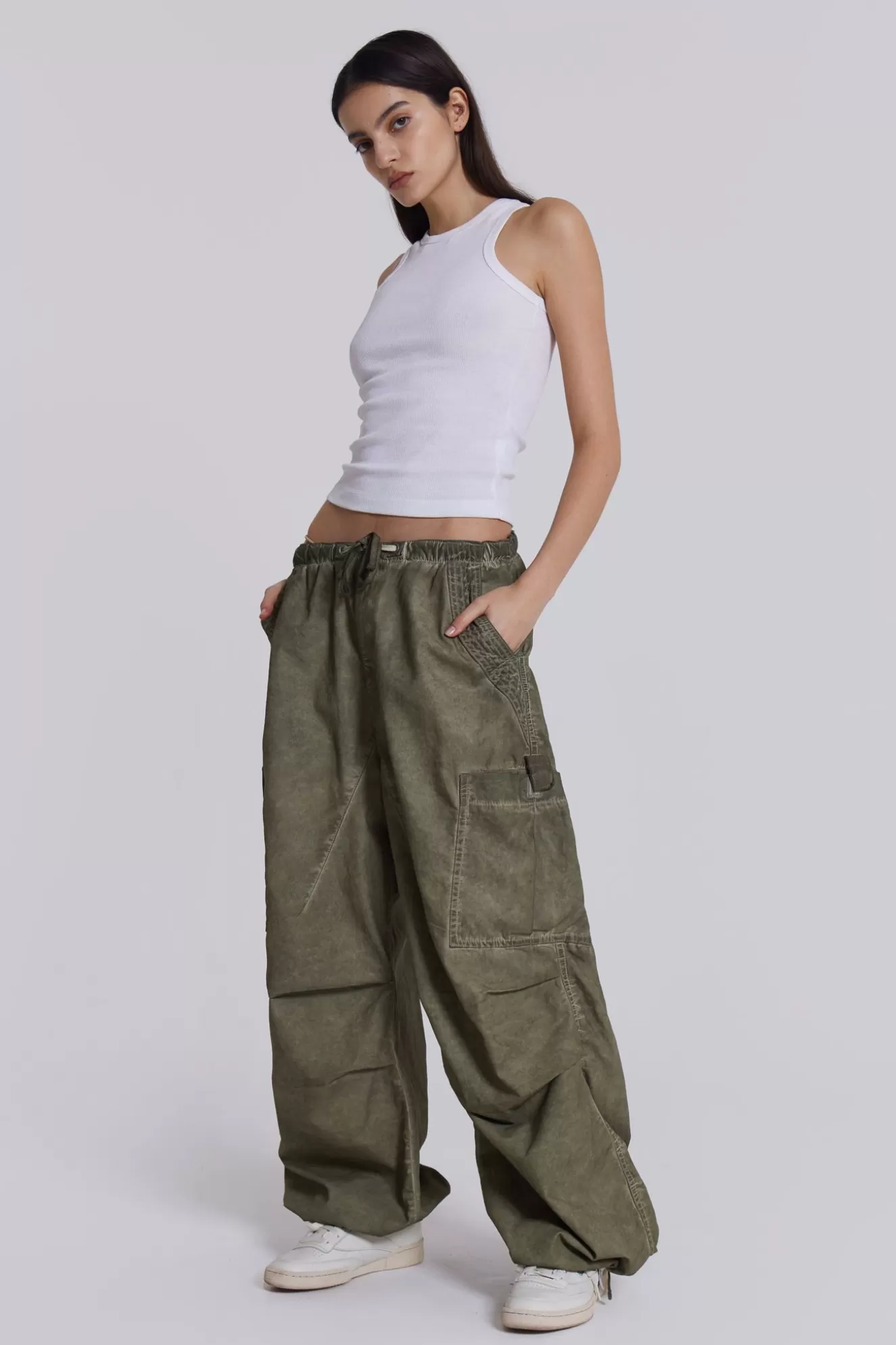 Discount Khaki Oil Wash Parachute Pants Women Trousers & Pants