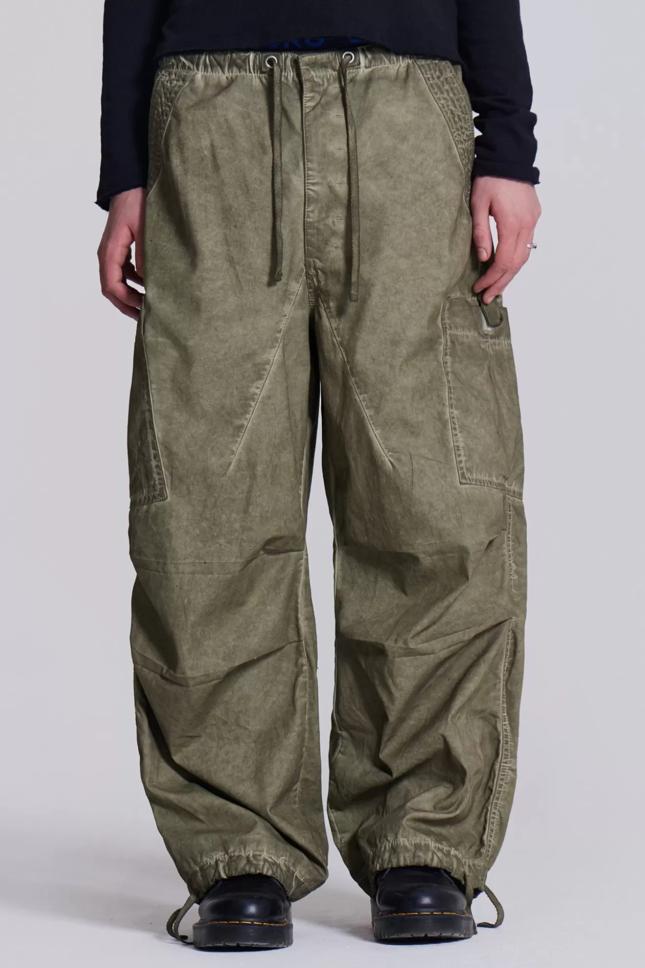 Cheap Khaki Oil Wash Parachute Pants Men Parachute Pants