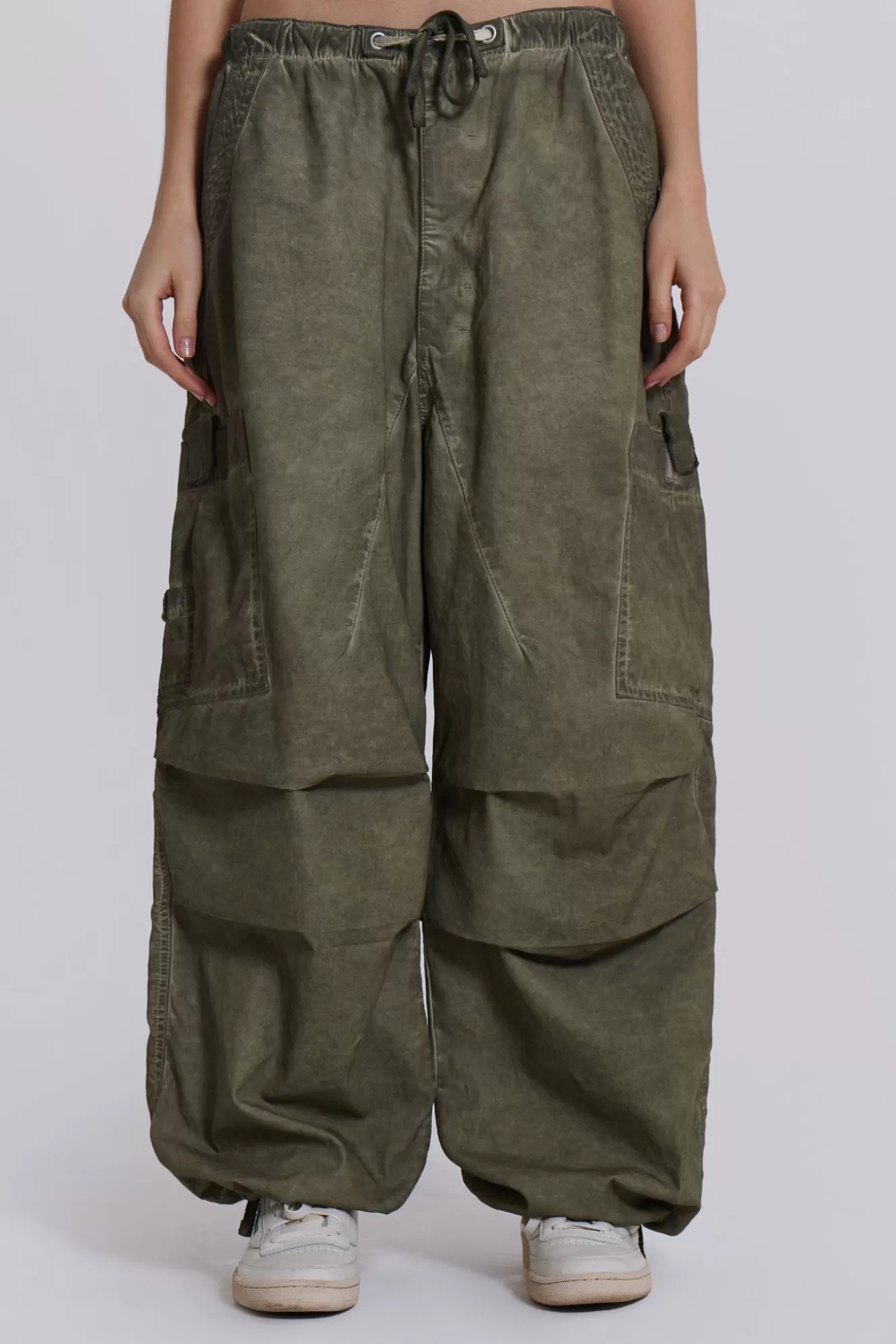 Discount Khaki Oil Wash Parachute Pants Women Trousers & Pants