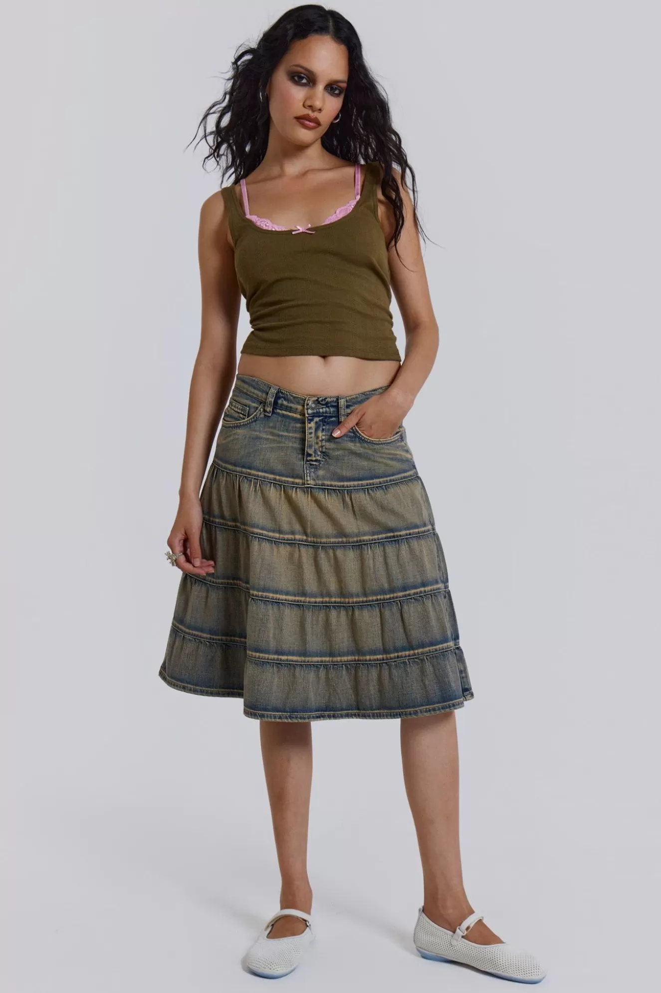 Sale Kutki Denim Midi Skirt Women Denim Skirts