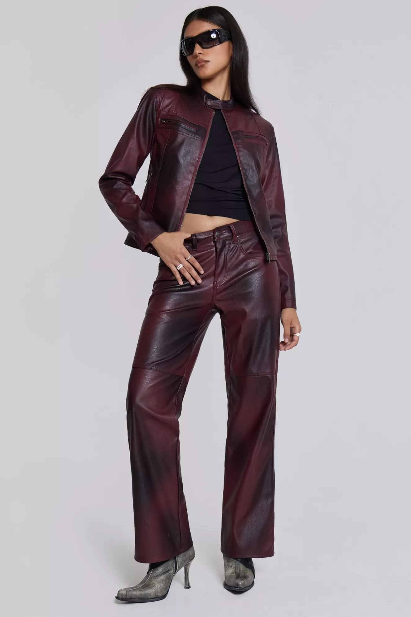 Outlet Oxblood Faux Leather Pants Women Co-Ords