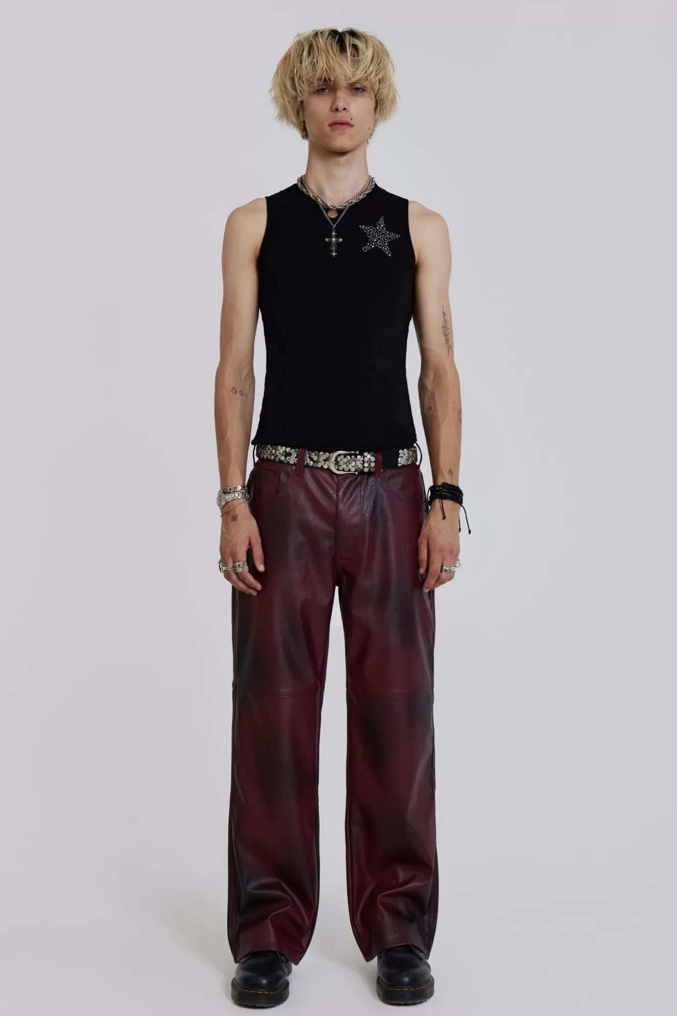 Outlet Oxblood Faux Leather Pants Men Trousers & Pants