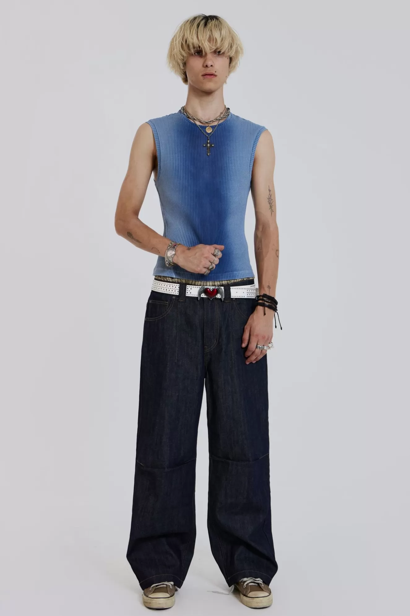 Online Raw Blue Denim Razor Jeans Men Baggy Jeans