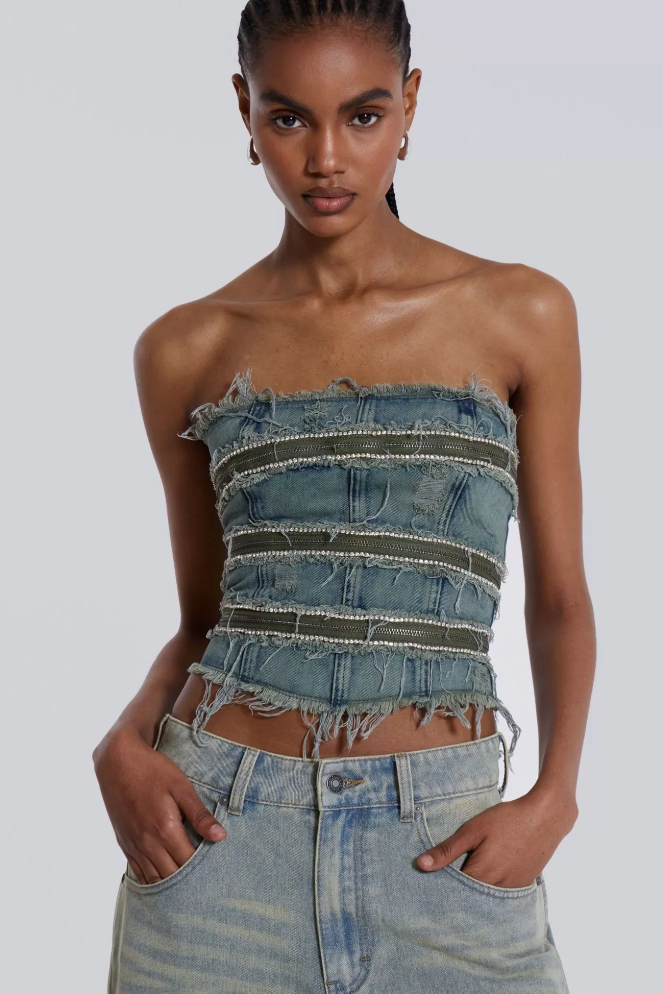 Cheap Sub-Rosa Denim Corset Top Women Corsets