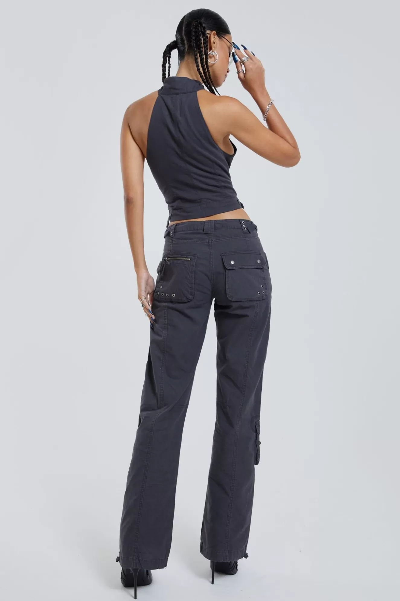 New Vintage Grey Cargo Halter Neck Top With Pocket Detail Women Co-Ords