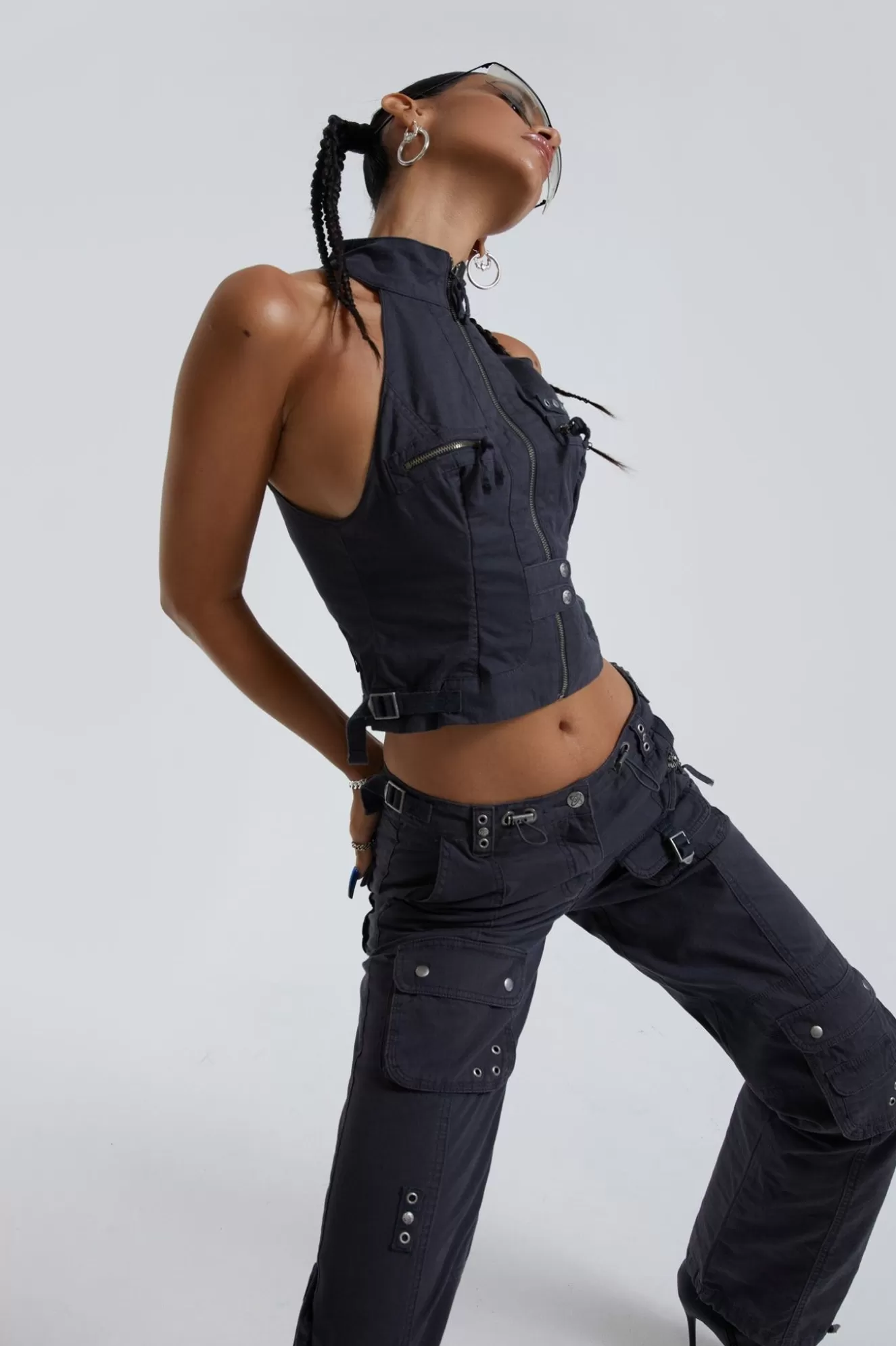 New Vintage Grey Cargo Halter Neck Top With Pocket Detail Women Co-Ords