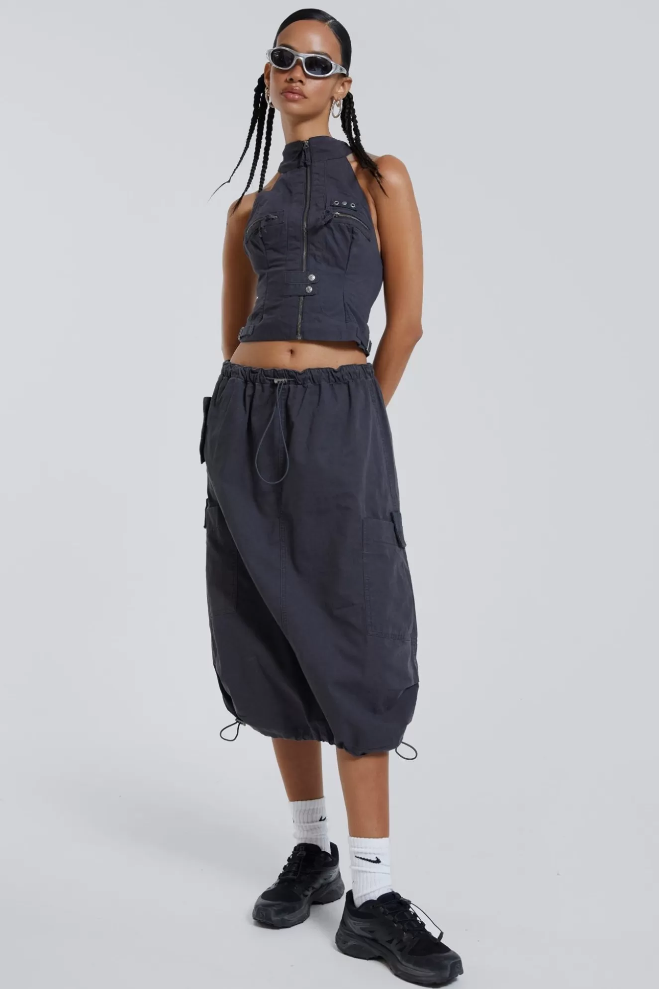 Cheap Vintage Grey Midi Cargo Skirt Women Parachute Pants