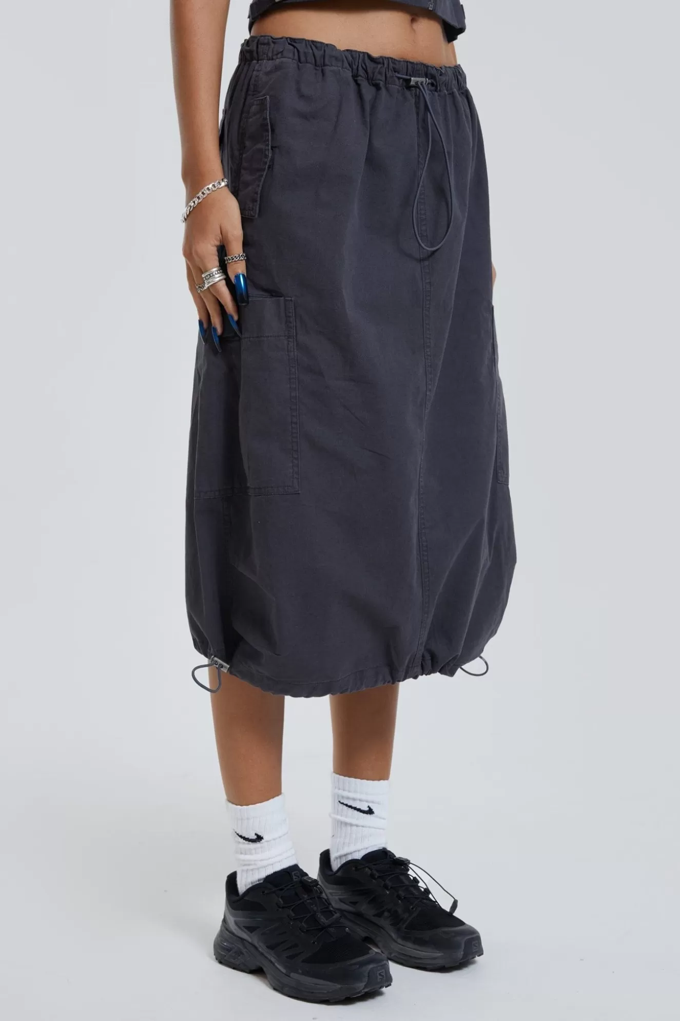 Cheap Vintage Grey Midi Cargo Skirt Women Parachute Pants