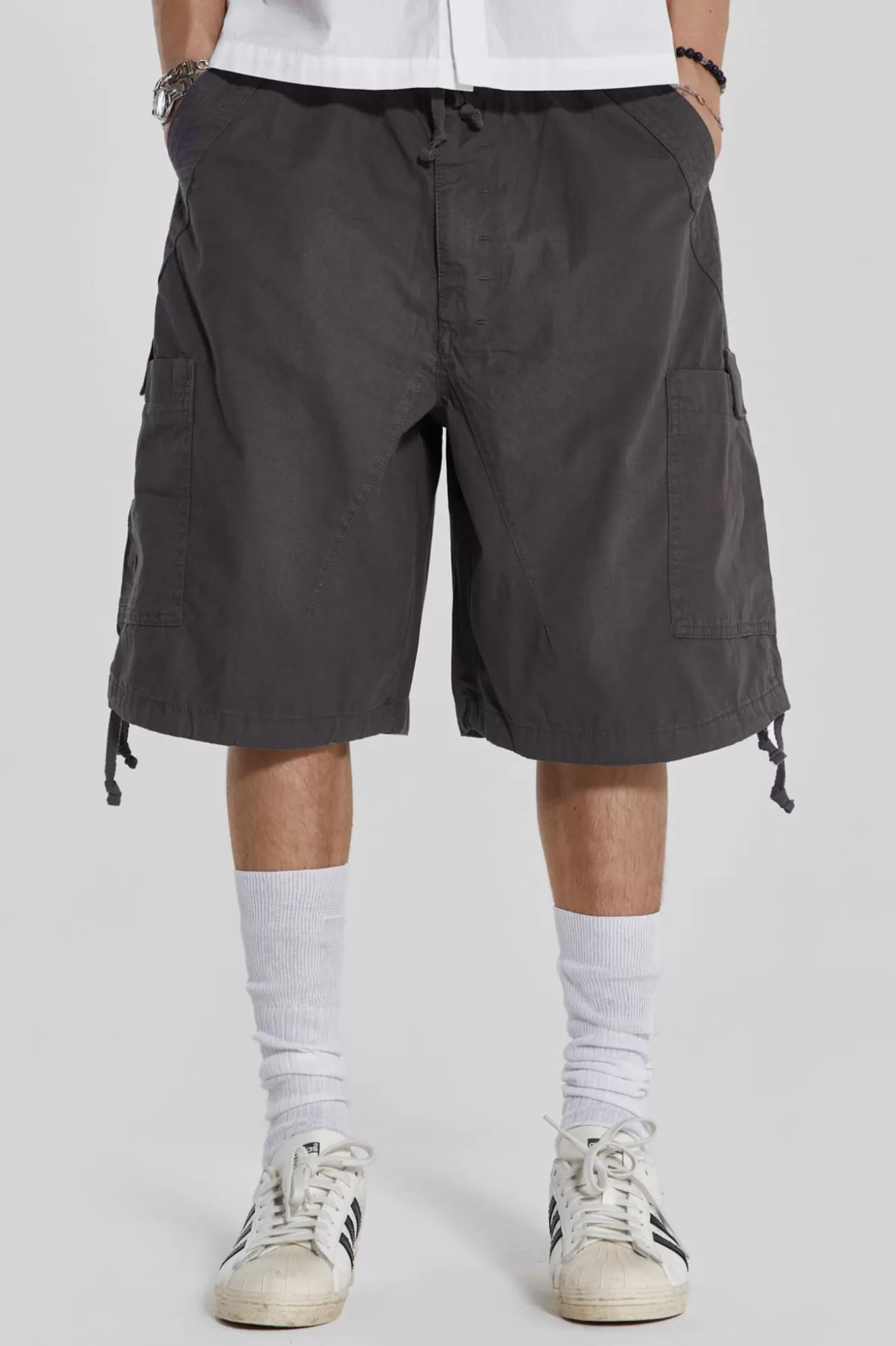 Hot Vintage Grey Parachute Cargo Shorts Men Parachute Pants